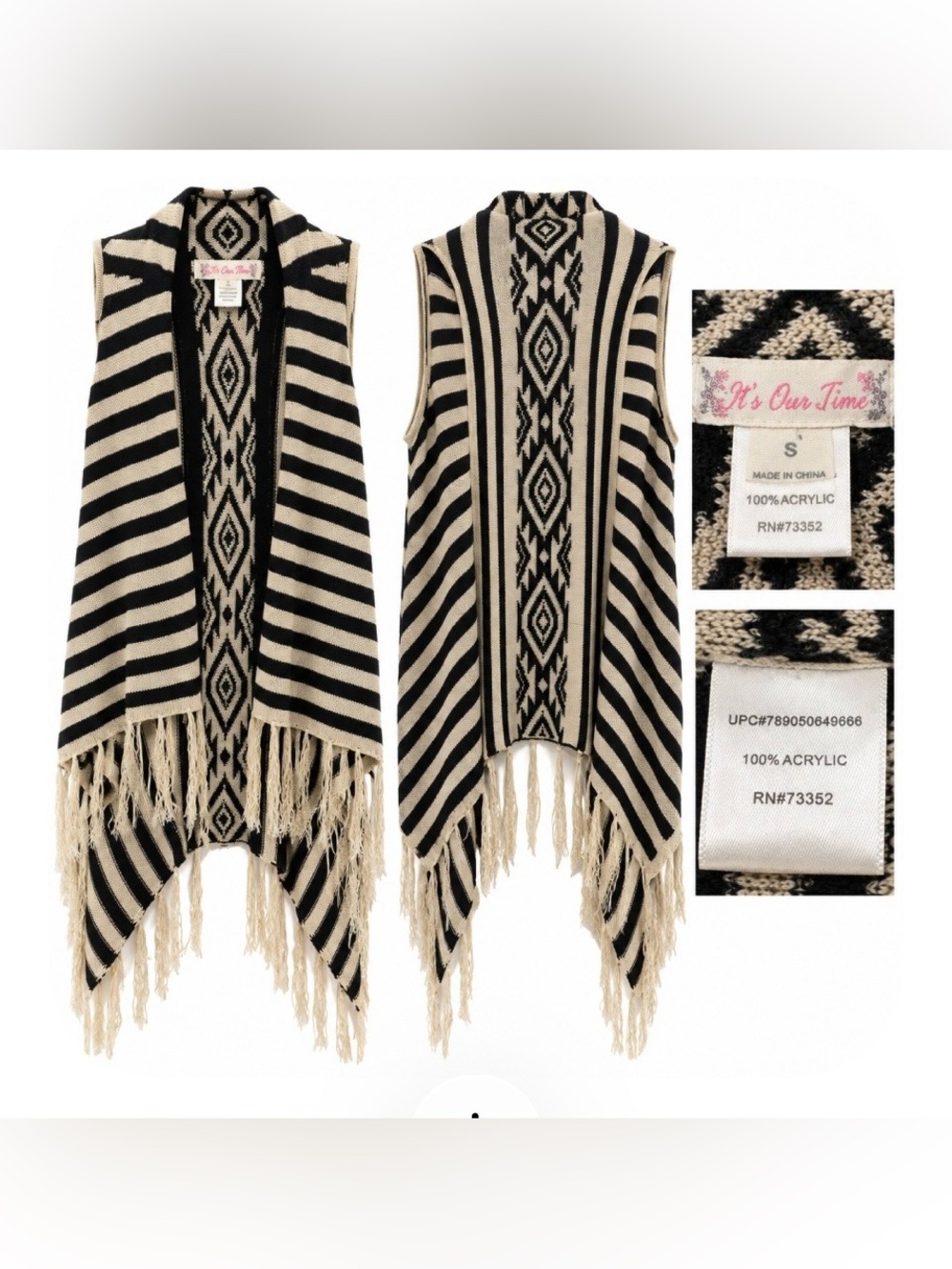 It’s Our Time Black Cream Southwestern Fringe Vest Size S